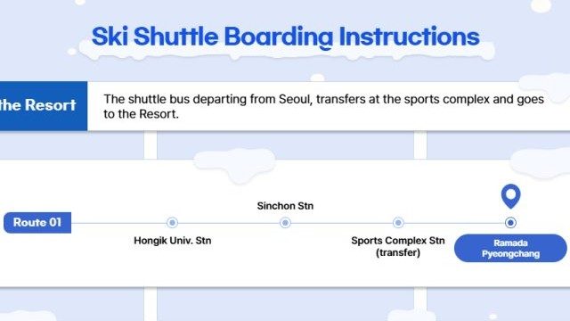서울 거점에서 스키장으로 출발하는 시즌 셔틀과 승차를 안내받는 이용객