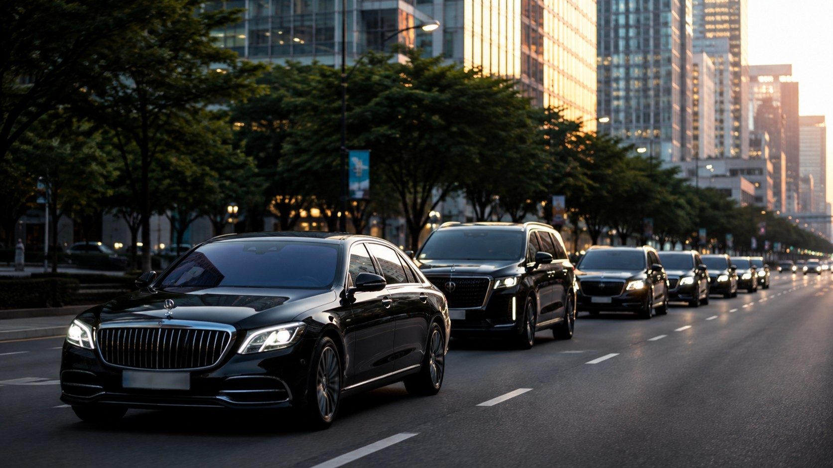 A line of vehicles moving in convoy on an urban road, illustrating the complexity of coordinated VIP and group transportation operations