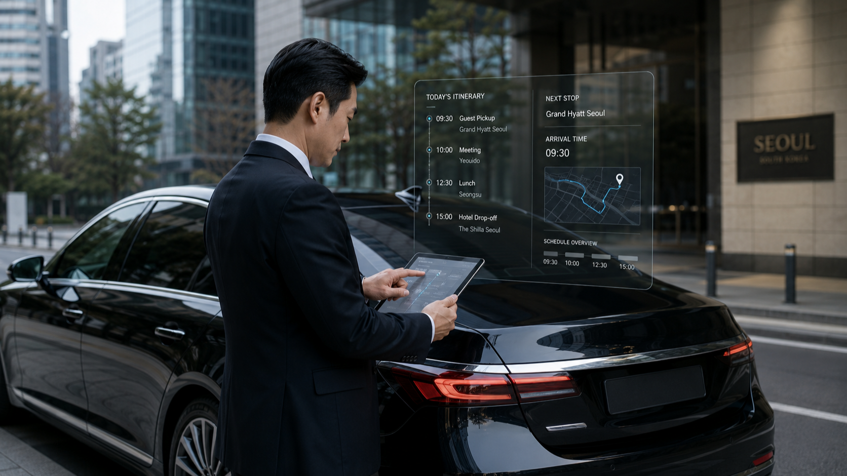 A chauffeur in a dark suit reviewing a route briefing document beside a Genesis G90 sedan before an inbound brand operation dispatch in Seoul