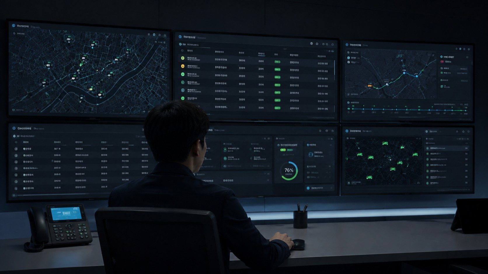 An operations controller monitoring real-time vehicle locations and dispatch status across multiple screens in a command center